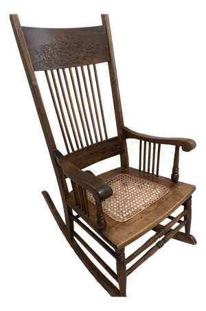 Vintage Arts & Crafts Carved Oak High-Back Rocking Chair With Cane Seat &Arms