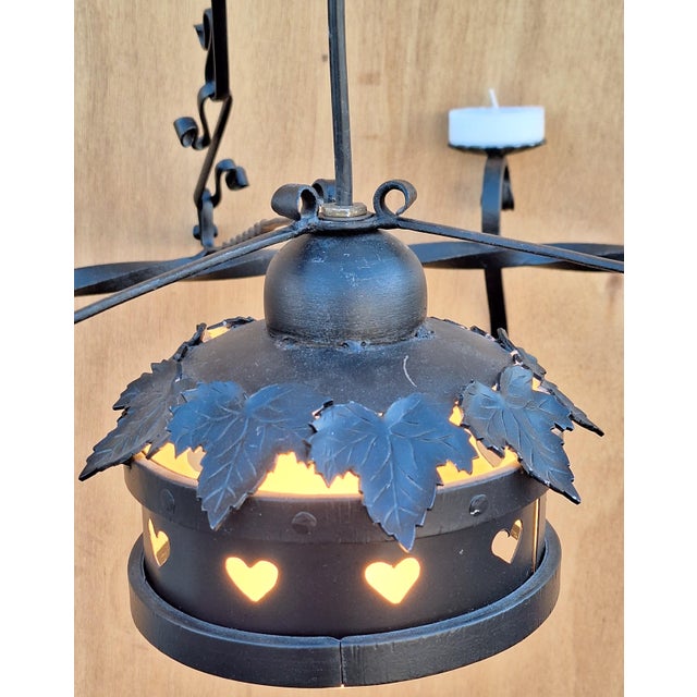 Metal Vintage Chandelier in Black Wrought Iron with Wax Candle Holders and Electric Light Bulb, 1970s For Sale - Image 7 of 9