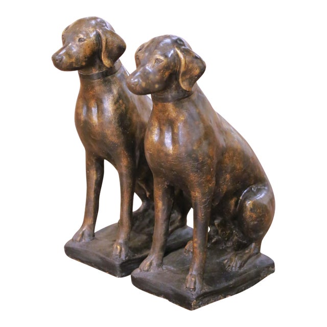 Pair of Mid-Century French Bronzed-Finish Cast Stone Labrador Dog Sculptures For Sale