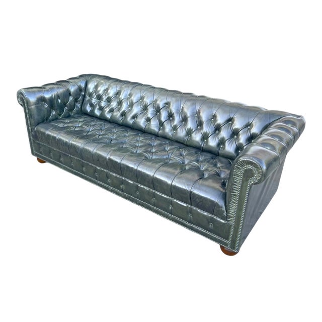 1960s Distressed Olive Green Chesterfield Leather Sofa With Tufted Back & Bun Feet For Sale - Image 11 of 11