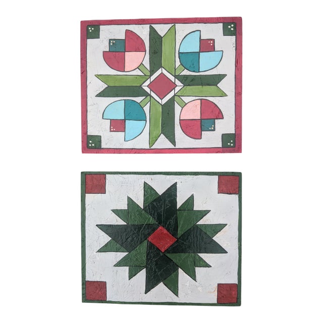Vintage Handcrafted Folk Art Barn Quilt Star Painted Wood Panel Art- A Pair For Sale