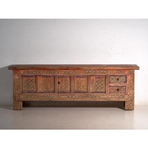Wood Low Antique Polychrome Carved Fir Cabinet, Xinjiang, China, 1900 For Sale - Image 7 of 14