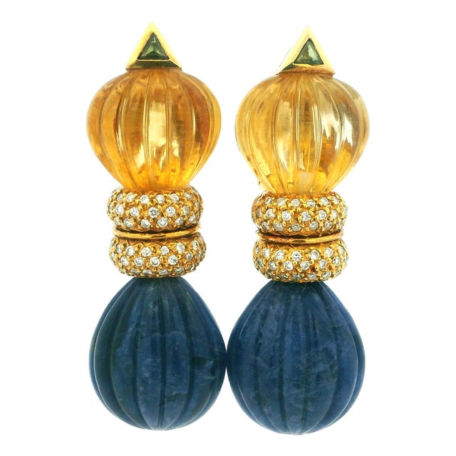 1980s Italian Carved Lapis Topaz Diamond 18k Gold Drop Earrings, Pair For Sale