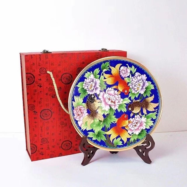 Chinese Vintage Chinese Cloisonné Charger | Koi Fish & Peony Motif With Stand and Gift Box For Sale - Image 3 of 3
