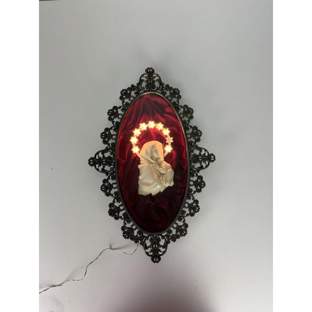 1950s Antique Madonna with Illuminated Starry Sky and Bronze Frame, 1950s For Sale - Image 5 of 13