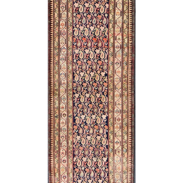 Tribal Paisley Design Antique Persian Malayer Runner in Dark and Light Tones For Sale - Image 3 of 10