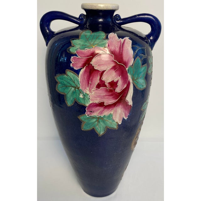Japanese Antique Japanese Satsuma Style Moriage Cobalt Blue Floral Double Handle Vase For Sale - Image 3 of 9