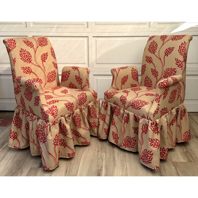 Pair of Vintage Skirted Swan Arm Chairs With Red Embroidered Textile For Sale In Los Angeles - Image 6 of 15
