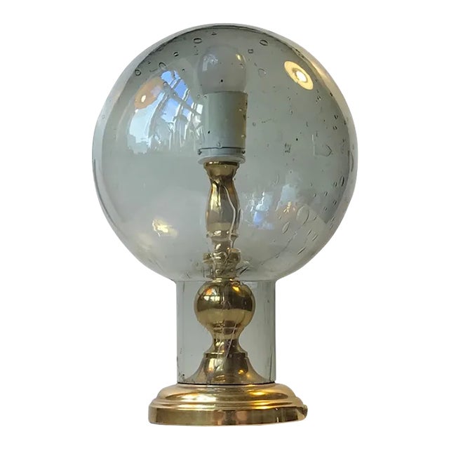 Vintage Scandinavian Gray Glass and Brass Table Lamp, 1970s For Sale