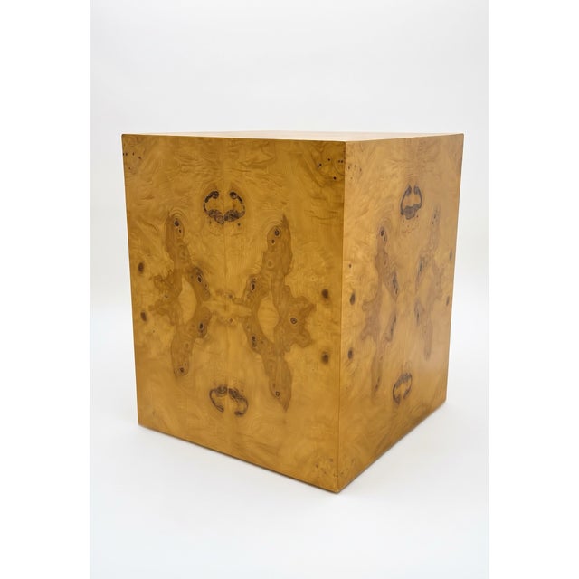 Milo Baughman Large Scale Modern Burl Wood Cube Side Table / Pedestal Att. Milo Baughman For Sale - Image 4 of 5