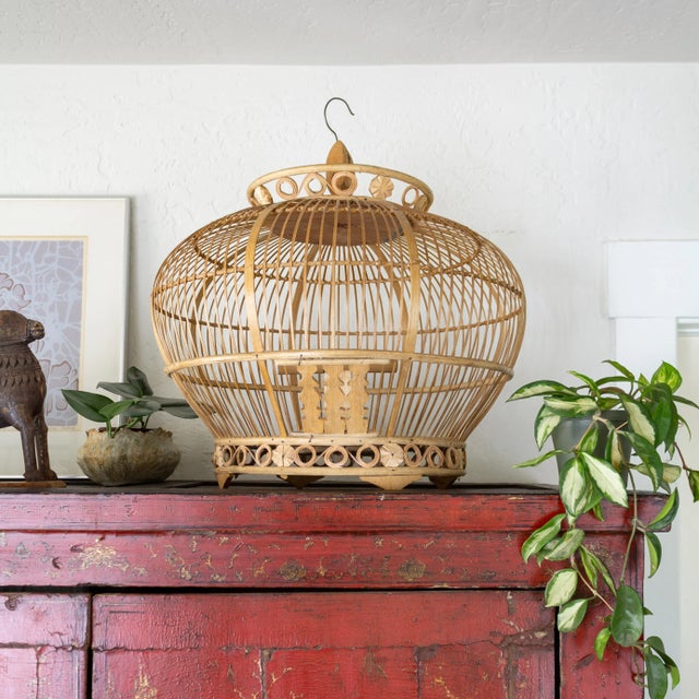 Indonesian Bamboo and Rattan Round Hanging Bird Cage For Sale - Image 6 of 12
