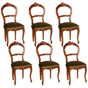 Louis Philippe Style Carved Blond Walnut Dining Chairs, 1940s, Set of 6