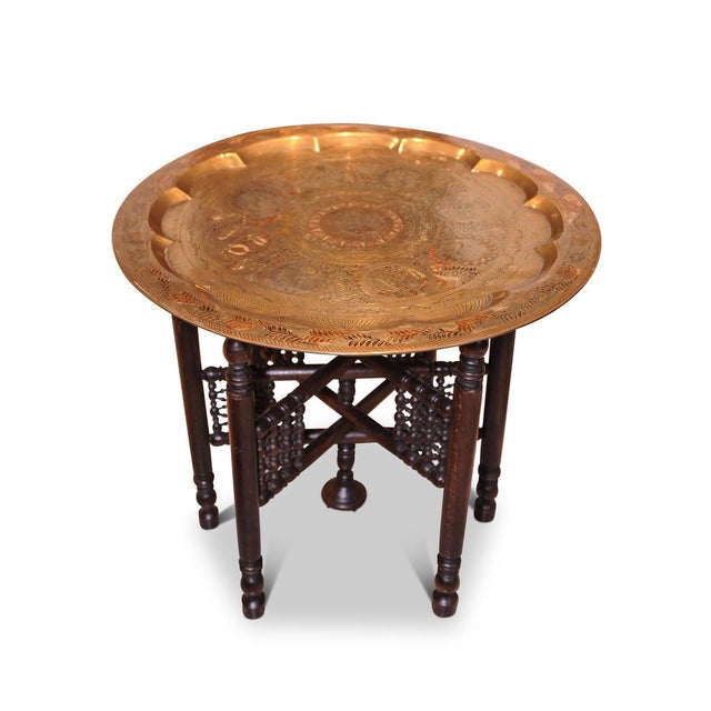 Middle Eastern Brass and Hardwood Table, 1890s, Set of 2 For Sale - Image 3 of 6