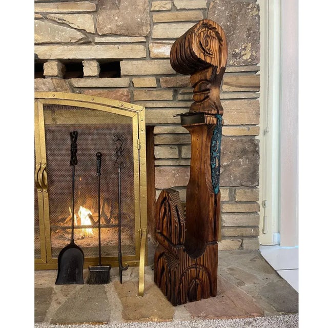 Witco Tiki Mid Century Wood Carved Fireplace Tool Set With Brutalist Accent For Sale - Image 14 of 15