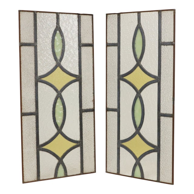 Art Deco Geometric Stained Glass Window, Set of 2 For Sale