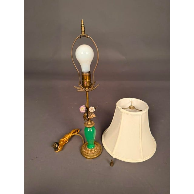 French Bronze & Green Glass Table Lamp With Porcelain Flowers and Silk Shade, Circa 1920 For Sale - Image 4 of 11