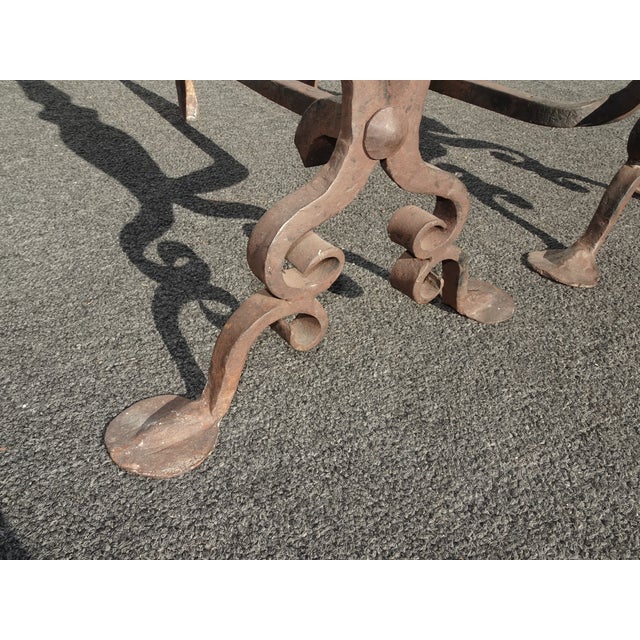 Pair Antique Hand Forged Wrought Iron Andirons W Brass Finials For Sale - Image 11 of 12