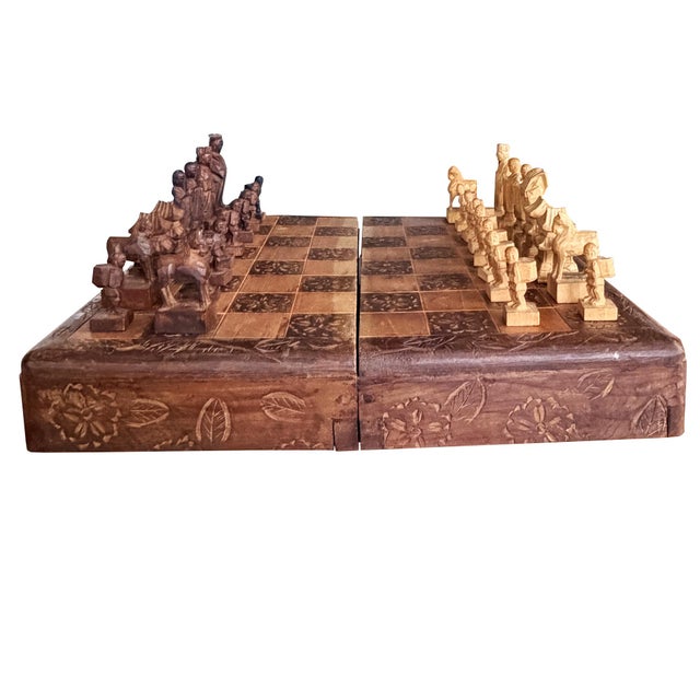 Wood Vintage Chinese Hand-Carved Wood Figural Chess Set With Folding Game Board For Sale - Image 7 of 13