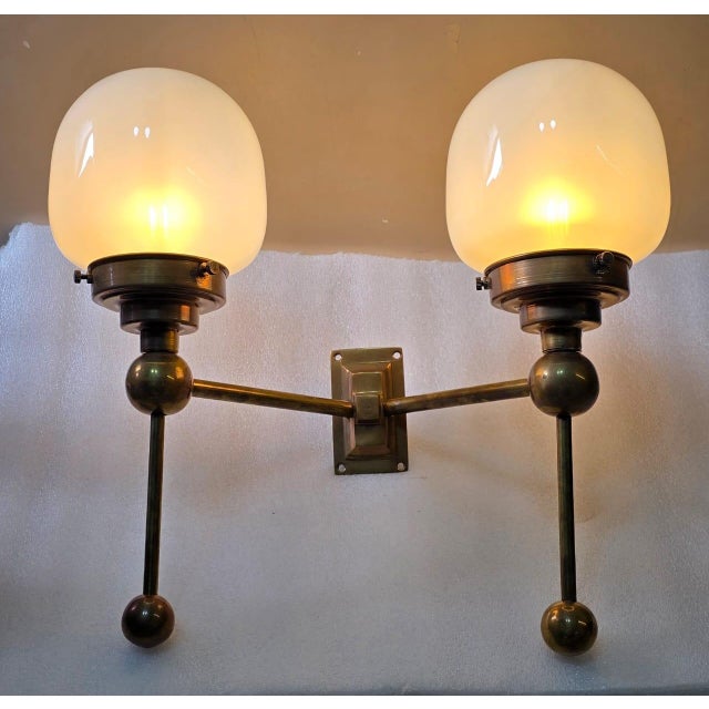 Vintage Art Deco Light Old Lamp Wall Sconces Fixture Brass & Milk Glass Shade Ship Light For Sale - Image 4 of 6