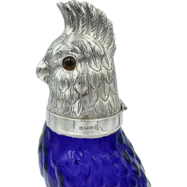 Vintage Cobalt Blue Glass Parrot Cocktail Set With Birdcage Holder & Glasses For Sale - Image 4 of 13