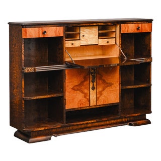 Art Deco Bookcase with Secretary Compartment in Birch and Walnut For Sale