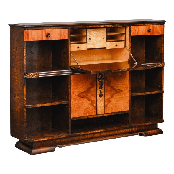 Art Deco Bookcase with Secretary Compartment in Birch and Walnut For Sale