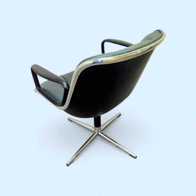 Iconic Early Charles Pollock Executive Armchairs a Pair Solid Aluminum Base Green Leather For Sale In New York - Image 6 of 14