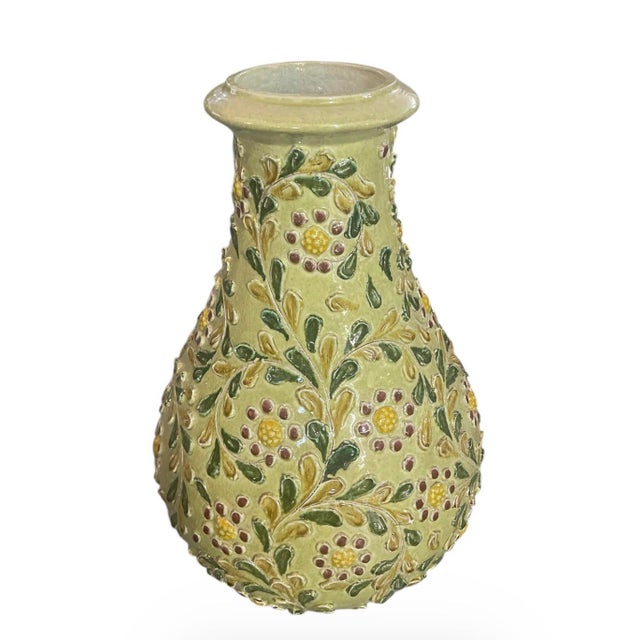 Italian Hand-Painted Relief Floral Ceramic Vase For Sale - Image 4 of 10