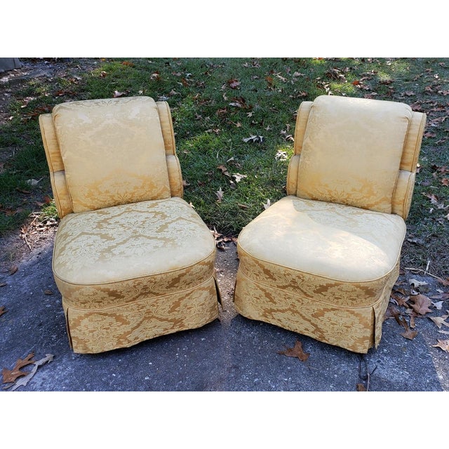 Art Deco Pair Scroll-Back Slipper Chairs in Yellow Floral Damask Brocade, Pair For Sale - Image 3 of 8