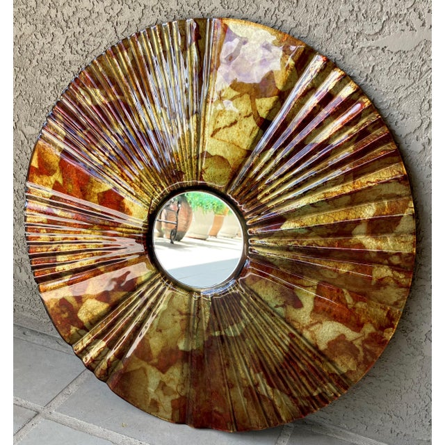 Late 20th-Century Verre Eglomisé-Style Reverse Painted Ribbed Glass Wall Mirror For Sale - Image 9 of 18