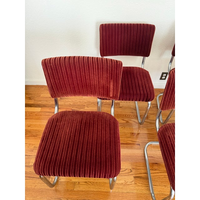 Bauhaus Vintage Burgundy Ribbed Velvet Chrome Cantilever Dining Chairs, Set of 4 For Sale - Image 4 of 9