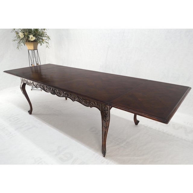 Large French Walnut Refectory Two Leaves Parquetry Carved Top Dining Room Table For Sale - Image 11 of 11