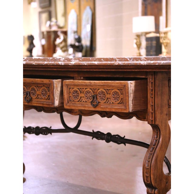 Wood 19th Century Spanish Baroque Carved Oak Console With Marble Top and Iron Base For Sale - Image 7 of 12