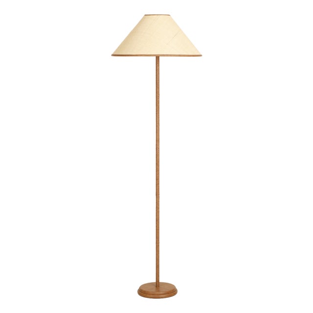 Keria Natural Vegan Leather and Raffia Designer Floor Lamp For Sale