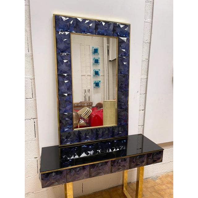 Contemporary Brass & Blue Murano Glass Wall Mirror For Sale - Image 10 of 11