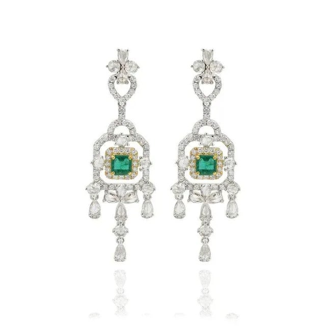 Modern Art Deco Emerald and Diamond Chandelier Earrings in 14k Gold - 2 Pieces For Sale - Image 3 of 8