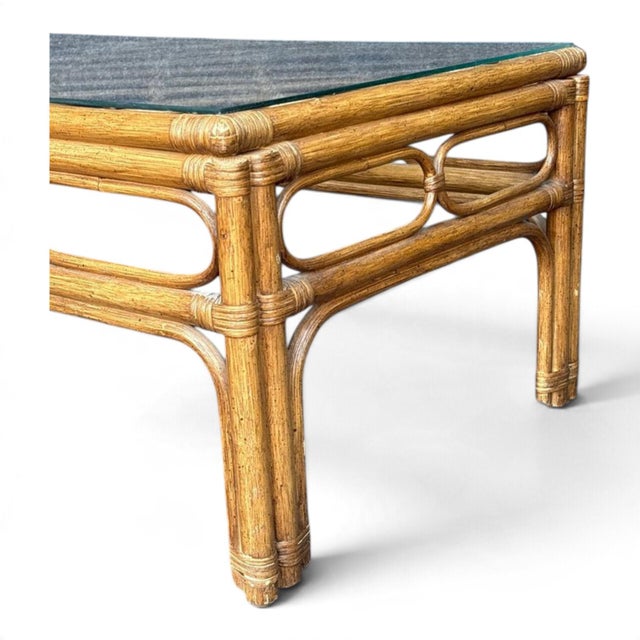 Mid-Century Modern Vintage Bamboo & Rattan Coffee Table Glass Top For Sale - Image 3 of 4