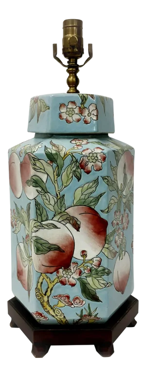 Hexagonal Vase Lamp with Longevity Peaches