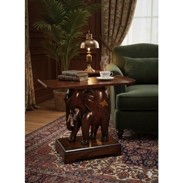 The base is a hand-carved elephant carved from a single block of solid teak wood. The elephant is a symbol of luck,...