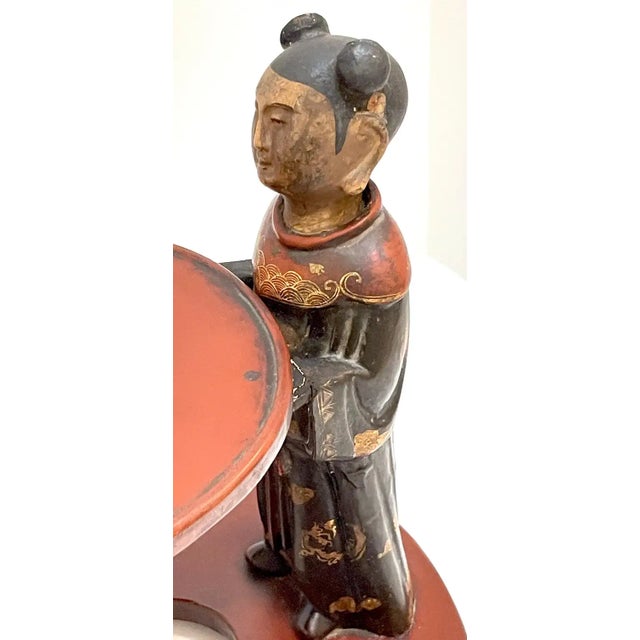 Red 19th C. Chinese Figural Carved Wood Lacquer Scholars/ Offering / Opium Stand For Sale - Image 8 of 11