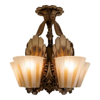 Pristine Antique 1930s Art Deco Williamson Beardslee 5-Light Slip Shade Flush Mount For Sale