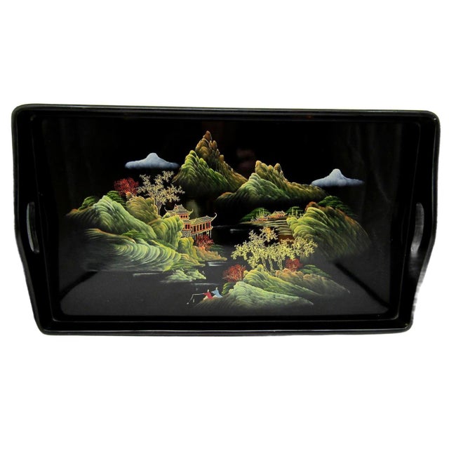 Black 1950s Chinoiserie Chinese Hand-Painted Tea Set With Tray and Spoons For Sale - Image 8 of 8