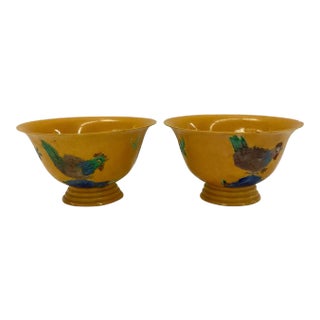 Chinese Hand Painted Emperor Yellow Bowls - a Pair For Sale
