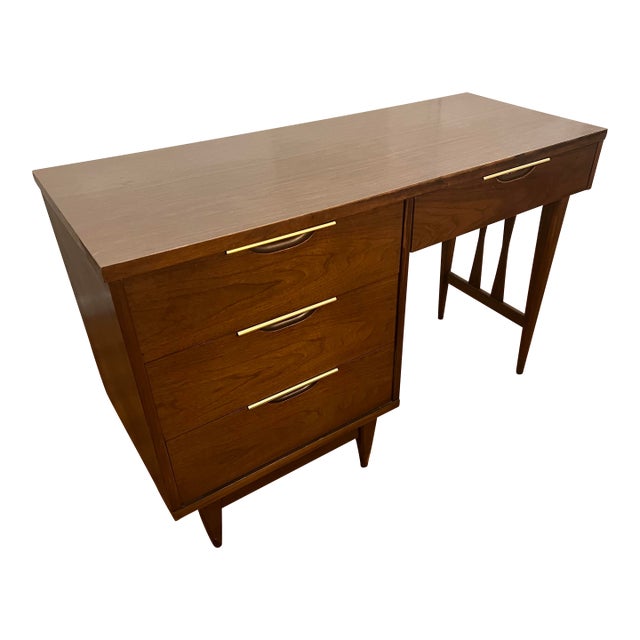 1950s Kent Coffey Tableu Mid-Century Modern Walnut Desk With Brass Accents For Sale