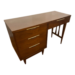 1950s Kent Coffey Tableu Mid-Century Modern Walnut Desk With Brass Accents