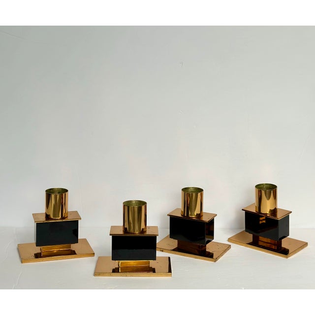 Black 1970s Italian Modernist Brass and Black Enamel Cube Candlestick Holders – A Pair For Sale - Image 8 of 10