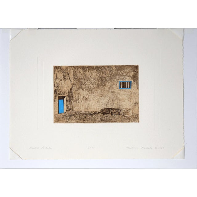 "Pueblo Portals" - Intaglio Print in Ink on Archival paper, #3/15 Tan interior intaglio print with blue accents by Marcia...
