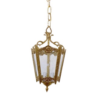 1930s Vintage Bronze Lantern With Etched Glass Panels For Sale