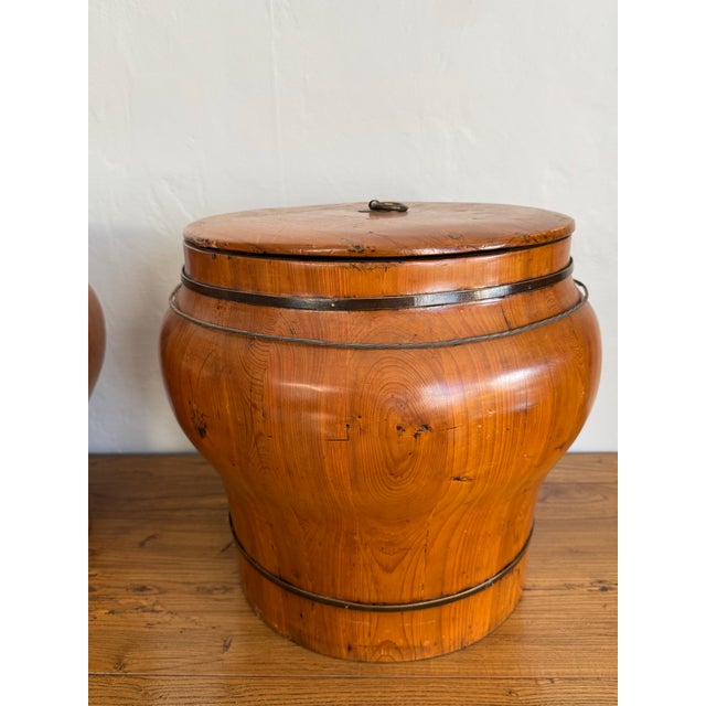 Chinese Antique Chinese Elm Rice Bin Pair With Lids – Primitive Storage Barrels, A Pair For Sale - Image 3 of 11