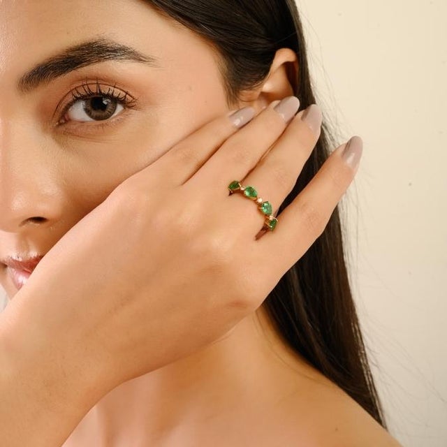 14k Gold Emerald Diamond Alternate Half Band for Wedding Ring Size 6 For Sale - Image 4 of 17